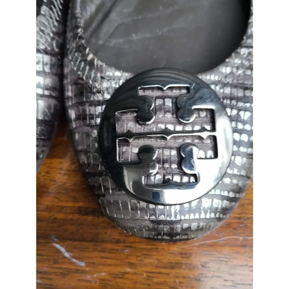 Tory Burch Reva Black Silver Snake Print Leather Ballet Flats size 8M